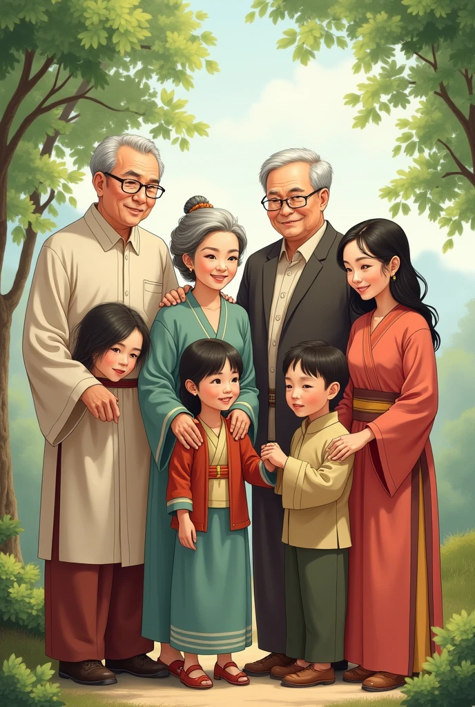 2 elders of the family men and a women, 3 brothers with their wife and has 4 kids, they are a family standing with nature background