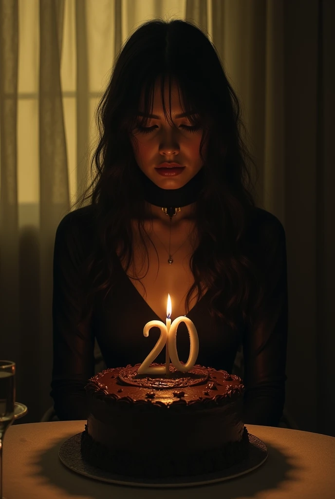 The beautiful young women cut chocolate cake alone ( use knife ) on the cake 20 number candle. and she's face full of sadness. and she waring black frock with full sleeve and covered nack and face dress she's in a dark room with some warm yellow light. She's in sad and she's looking a cake Nose , Long Hair, Hair Between Eyes,