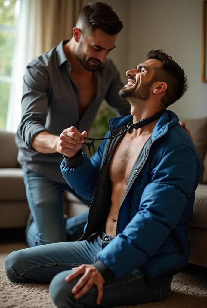 Violent BDSM with two visibly handsome and seductive macho gay men hyper-realistic, BDSM image, RAW, high resolution, high definition, high texture, showing two extremely seductive and handsome men together in a living room with high natural lighting. (((Wonderful and seductive uncle, 4, short hair with signs of initial baldness, wearing pants and an *extremely shiny blue nylon puffer jacket* open, exposing his hairy chest and slightly prominent belly. He is kneeling on the floor, *wearing a collar around his neck*, being pulled by the collar by his nephew, a very handsome and domineering man, 2, natural physique, dressed in a dress shirt and casual pants, next to his wonderful uncle submissive))). (((The *domineering nephew, with a maliciously authoritarian expression, pulls the leash of the collar attached to the submissive uncle's neck*, while the submissive uncle, *kneeling*, expresses that he is visibly humiliated))). High natural lighting, which enhances the realism of the BDSM image. The image must capture every detail accurately, emphasizing the BDSM interaction and the role contrast between the two men together (dominant nephew together with the submissive uncle), highlighting the realistic BDSM image with two handsome and seductive men together. Super details, best quality, anatomically correct, accurate.