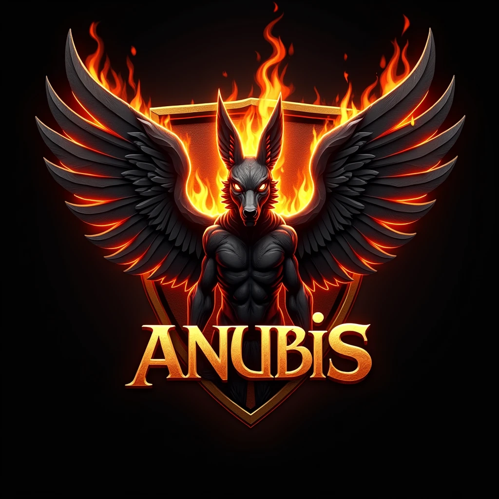 ((best qualityer)), ((work of art)), (detailded), create a gamer logo with the character egyptian god anubis, The logo must have a coat of arms with the character in front of the front bust, e o nome escrito ANUB☥S a letra i te que ser substituidada pela Cruz de Ansata ☥, Anubis has to be on fire epic gamer style with wings and dragon style, and anubis has to look bad, the colors have to be gold, black and red, don't forget to insert the name ANUBIS