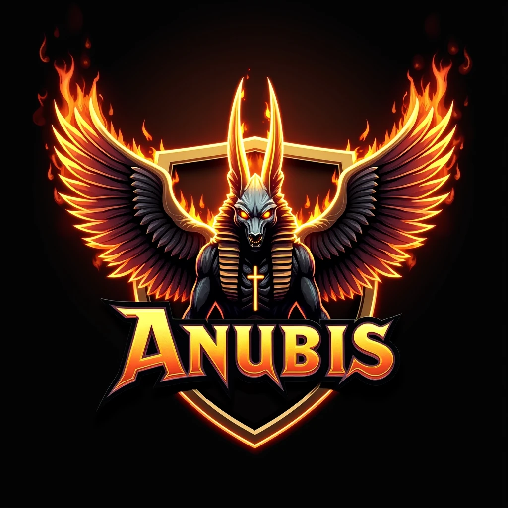 ((best qualityer)), ((work of art)), (detailded), create a gamer logo with the character egyptian god anubis, The logo must have a coat of arms with the character in front of the front bust, e o nome escrito ANUB☥S a letra i te que ser substituidada pela Cruz de Ansata ☥, Anubis has to be on fire epic gamer style with wings and dragon style, and anubis has to look bad, the colors have to be gold, black and red, don't forget to insert the name ANUBIS