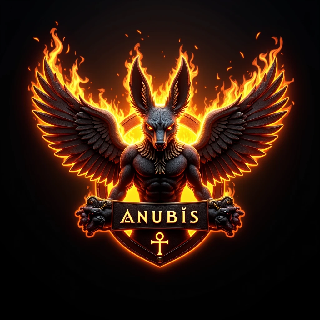 ((best qualityer)), ((work of art)), (detailded), create a gamer logo with the character egyptian god anubis, The logo must have a coat of arms with the character in front of the front bust, e o nome escrito ANUB☥S a letra i te que ser substituidada pela Cruz de Ansata ☥, Anubis has to be on fire epic gamer style with wings and dragon style, and anubis has to look bad, the colors have to be gold, black and red, don't forget to insert the name ANUBIS