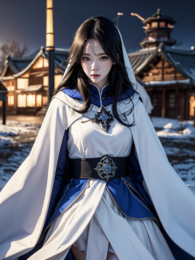 South korea walk women mystery hooded on with modern royal Blue coat with long and wide sleeves with buttons and royal Blue cape and very high white heel over the knee and white gloves, As she reveals a small secret hidden blade coming from his palm , adding to the character's mysterious and agile appearance, with small movements of air on the cape, in summer at night under the rain,medieval south korea house. sophisticated and highly detailed, ultra hd, realistic, hyper detailed, enhanced colours, ultra sharp focus, with vibrant, rich in details High quality, gorgeous, captivating, 8k, super detailed, stunning shadows, detailed lines, blood stain on coat and gloves, corpses in the street recently murdered