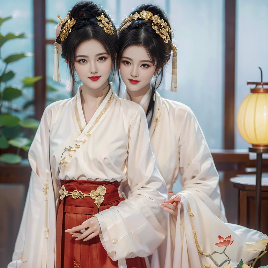 best quality,masterpiece,high resolution,(Delicate figure:1.5),Beautiful face,(Milky white skin:1.3),Intricate details,high resolution,wallpaper,2 Girls,A smile all alone,skirt,Hair accessories,(((gold and red skirt))),Flowers,Long hair,Brown hair,Shut up,Jewelry,Long sleeve,Wide sleeves,big eyes,Flowing hair,Chinese clothes,Hanfu,embroidery,Long skirt,Natural posture,Falling Flowers,indoor,Fanning,lantern,16K,HDR,high resolution,Depth field,(Film Grain:1.1),This book,Prime Time,(lens flare),Vignette,rainbow,(Color grading:1.5),(Large Breasts:1.2),(Upper Body:1.3),Looking at the audience,