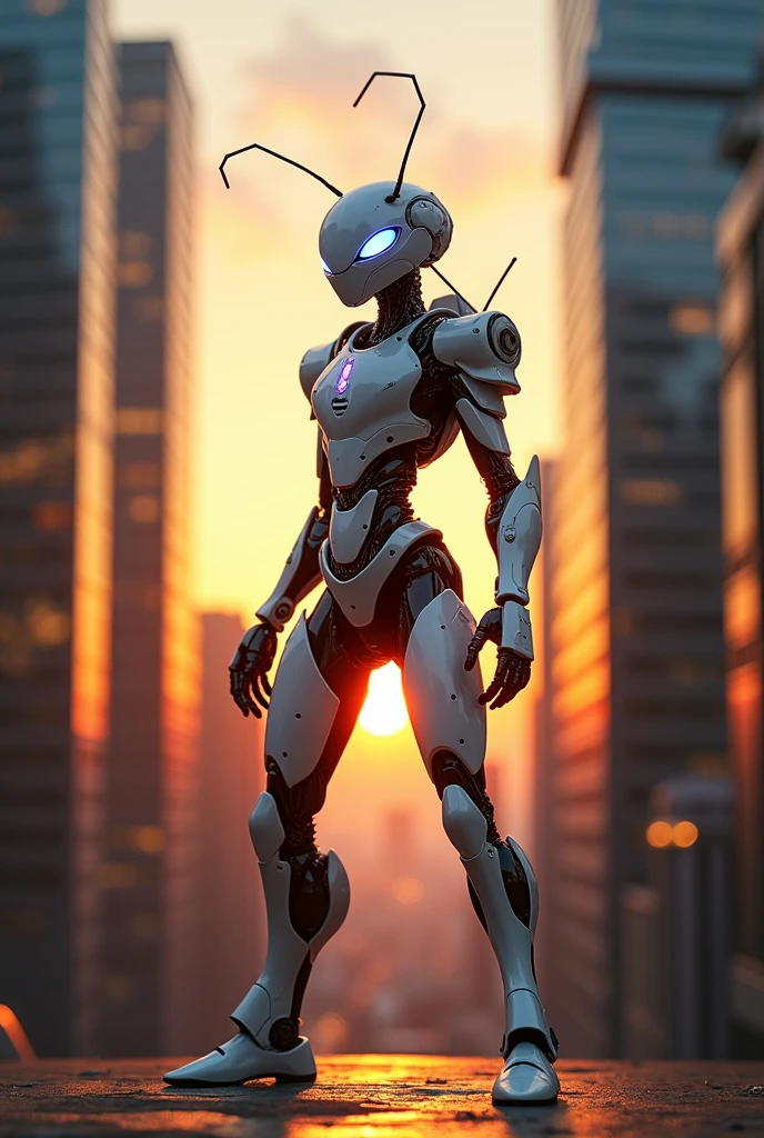 Fire ant in white glossy cyborg costume standing between sky scrapers at sunset