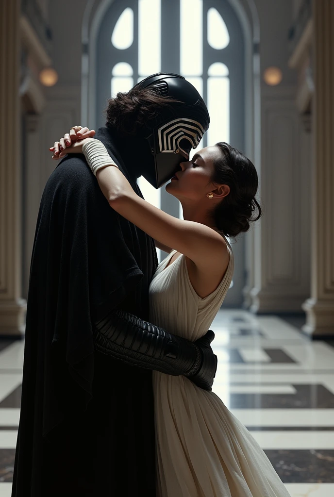 Unmasked Kylo Ren and Rey kissing in an Imperial meeting hall. King dresses in white, e Kylo, in black.