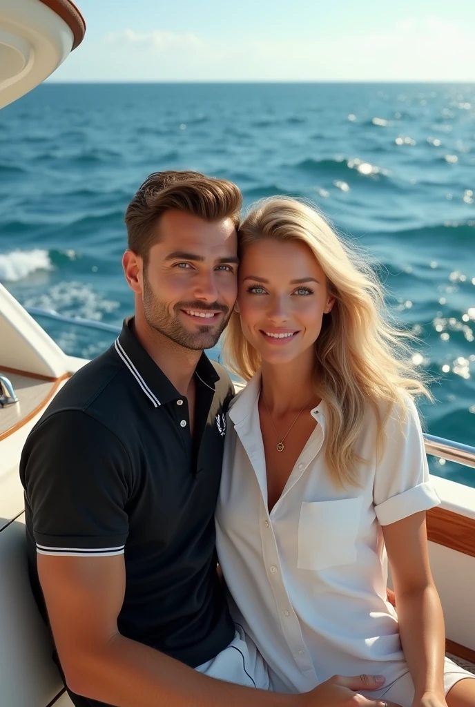 (Photorealism:1.2), man with brown eyes and brown hair wearing a black Fred Perry polo shirt with his blonde wife green eyes long hair  usando camisa social Ralph Lauren branca on a yacht 8k ultra realistic photorealistic super detailed o melhor possível 