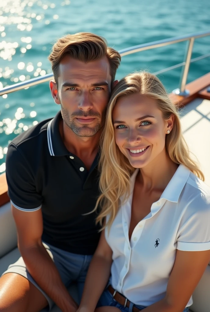 (Photorealism:1.2), man with brown eyes and brown hair wearing a black Fred Perry polo shirt with his blonde wife green eyes long hair usando camisa social Ralph Lauren branca on a yacht 8k ultra realistic photorealistic super detailed o melhor possível