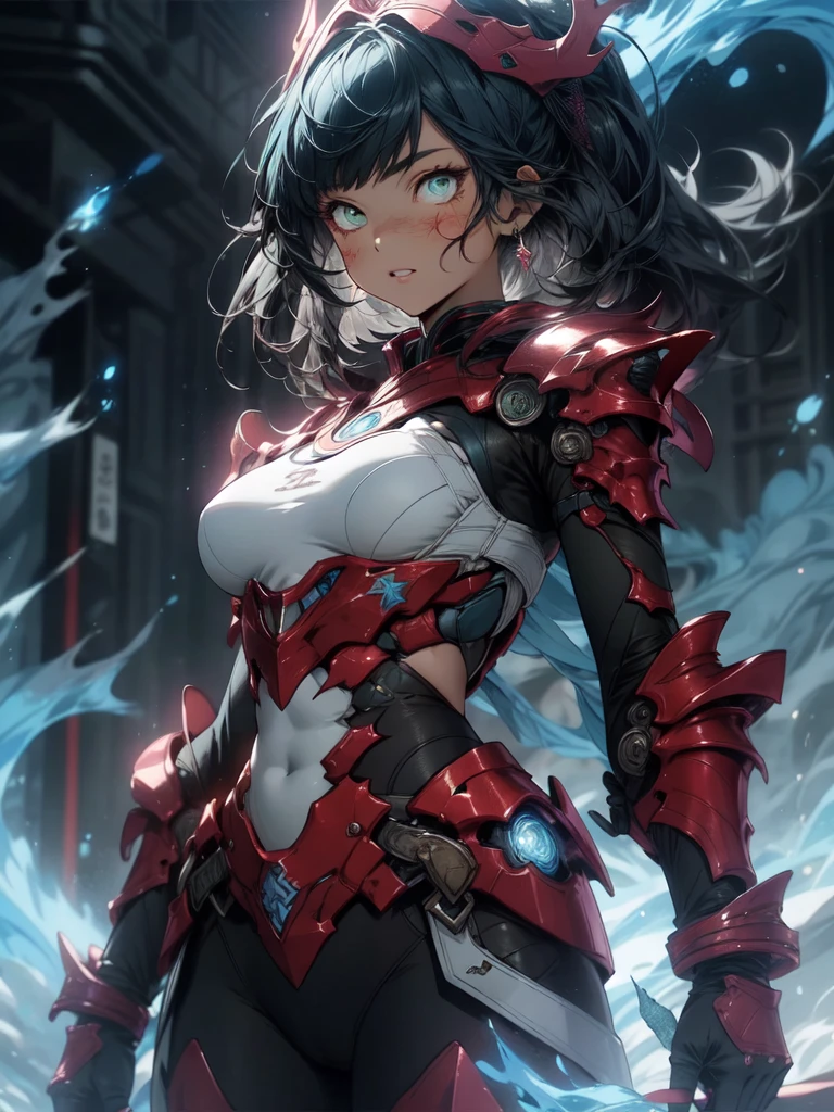 Be realistic,(masterpiece,Highest quality,Highest quality,Very detailed,Fractal Art,Most detailed,(Abstract background:1.5)(1 Girl),Kamimei,(Hair length),(Green eyes glow、Big Breasts、A strong comeback,Stunned),Abyss Stick、crystallization,High leotard、Sexy、Machine Armor、Sunburned skin、Berserk, (Burning blue flame:1.3)、Tattoo