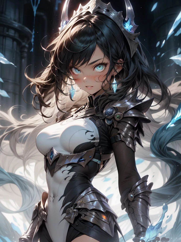 Be realistic,(masterpiece,Highest quality,Highest quality,Very detailed,Fractal Art,Most detailed,(Abstract background:1.5)(1 Girl),Kamimei,(Hair length),(Green eyes glow、Big Breasts、A strong comeback,Stunned),Abyss Stick、crystallization,High leotard、、Machine Armor、Sunburned skin、Berserk, (Burning blue flame:1.3)、Tattoo