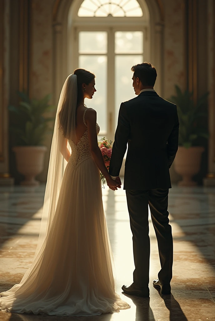 Create a highly detailed illustration of a couple at a period romance ball. A mulher deve estar usando um vestido rosa deslumbrante, com uma saia longa e volumosa, detalhes de renda delicada e uma cintura bem marcada. O vestido deve ter mangas bufantes e um decote elegante. Ela deve ter cabelos castanhos, presos em cachos suaves e adornados com uma tiara delicada.

The man must have been wearing a military suit of the army of the time, with a navy blue coat and gold buttons, black pants and leather boots. Ele deve ter cabelos castanhos curtos, com costeletas e um bigode bem aparados. He must be wearing a military hat complementary to the uniform.

The couple should be holding hands, com os olhares fixos um no outro. They should be in a richly decorated ballroom, com candelabros de cristal, espelhos dourados nas paredes e um piso de madeira polida. Ao fundo, There must be other couples dancing and musicians playing on an elevated stage.

Be sure to include all the little details that make the illustration authentic, como joias, Luvas, Details about shoes and passionate facial expressions. Lighting should be soft, with candle lights creating a romantic atmosphere.