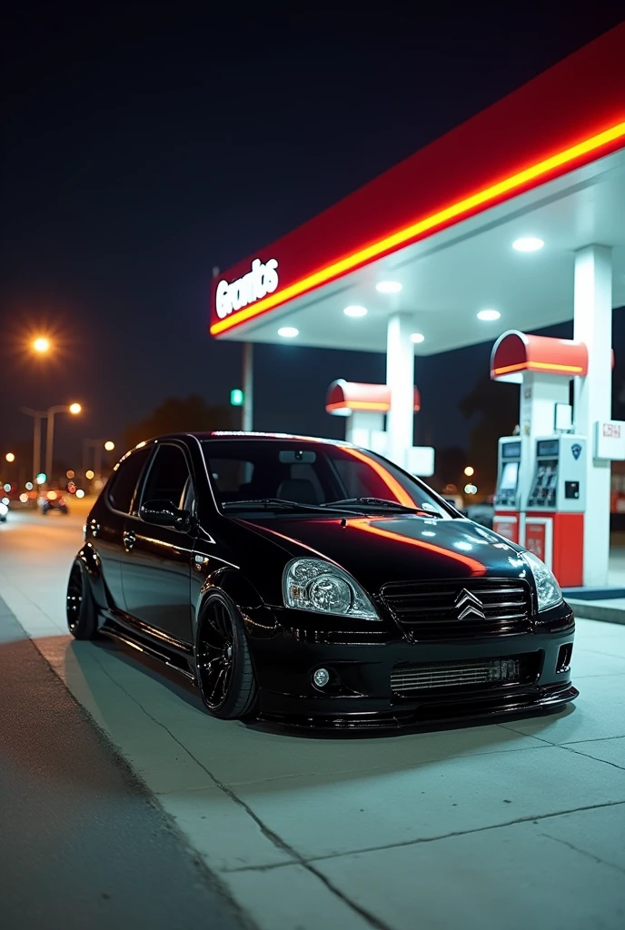 Highway gas station scenario, a Citröen car, model c3, year 2005, all black and lowered.