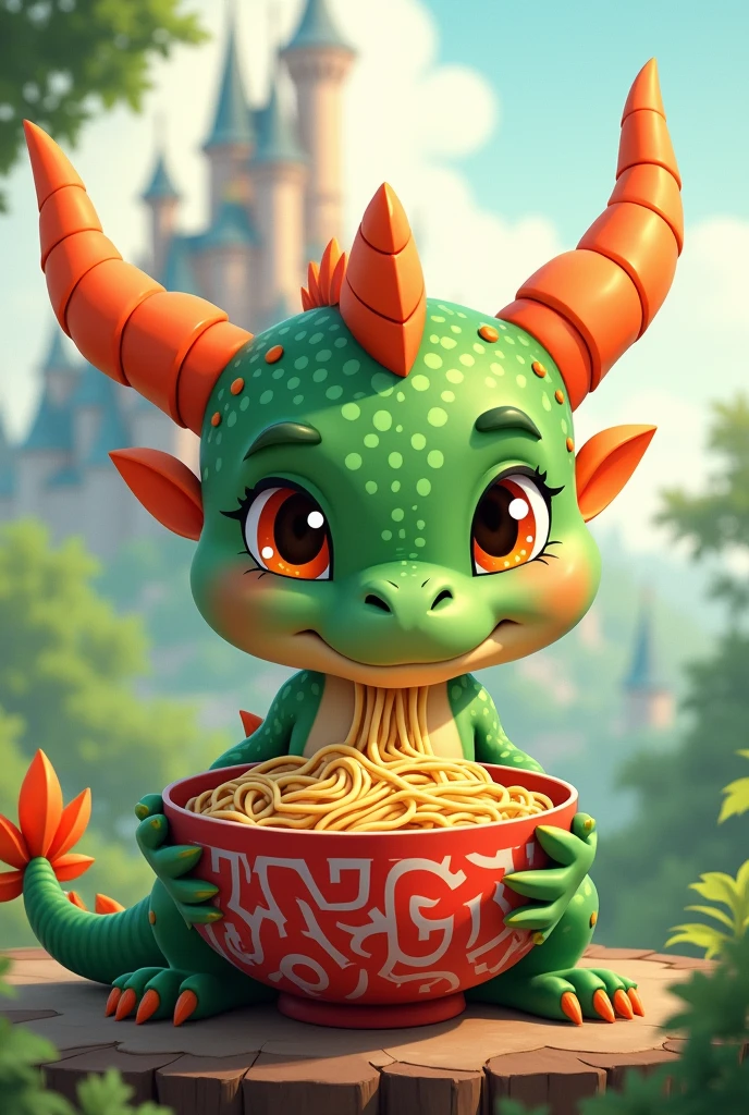 children's book cover, title "Bowl of rice" little dragon, green scales, eyes are big and orange , thoughtful expression , holds a bowl with a red pattern and noodles inside , Castle in the background , anime style