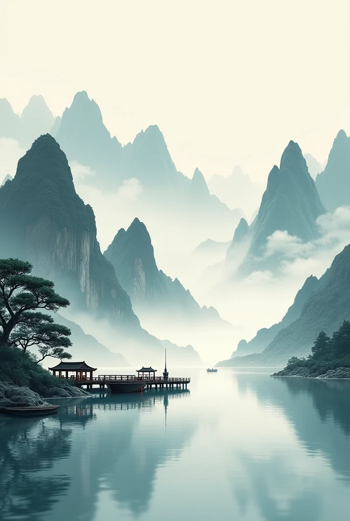 Chinese landscape painting,Ink画,Ink,Inky black,Soil,Vision,Ultra-wide viewing angle,meticulous,Close-up of the riverside pier,There are a few boats parked at the pier,The scenery is mountains,(8k wallpaper),(Light and shadow effects),Octane Rendering,White balance design,高度detailed的图像描绘,Wide Angle,Depth of Field,masterpiece,Realistically,Beautifully depicted,detailed,Acura,masterpiece,masterpiece