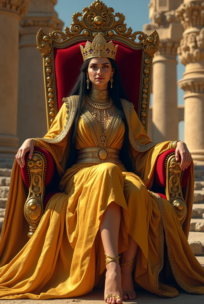 An authentic Iranian queen with a big throne and her gold and jewels rules in Persepolis, which is a little ruined. and has a number of crews