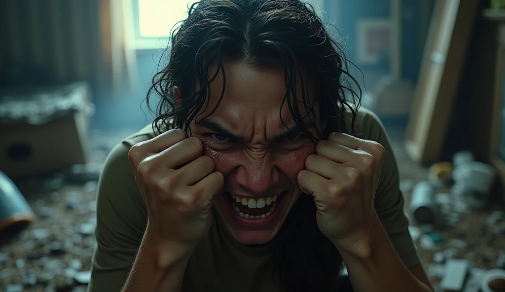 Create a realistic image where : A tear-streaked face wipes away tears aggressively while looking into the distance with fiery determination, standing in a room filled with broken, scattered things