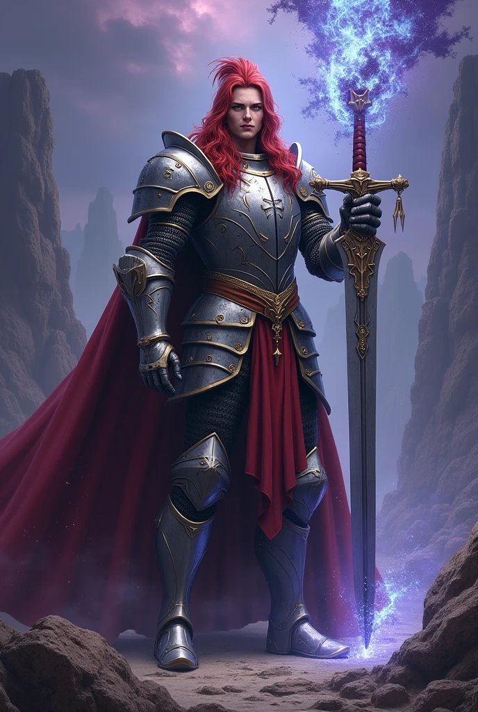 A knight with a red mane on his helmet and a medium sword with the dark matter ability.