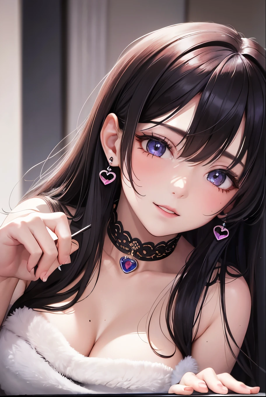 masterpiece, best quality, highly detailed, high resolution, expensive resolution, high resolution, 4k, 8k, uniform 8k wallpaper, highly detailed CG, masterpiece, 2d, 3d, beautiful details, depth, fine texture, best quality: 1.3, perfectly focused, sharp. skin, him, very cute anime girl, her name is Mei, medium long hair, idol, after bath, bath towel, wet hair, expensive medium long hair, mole under eye looking at viewer, expensive, blush, mole, open lips, pink eyes, heart shaped choker, smiling face