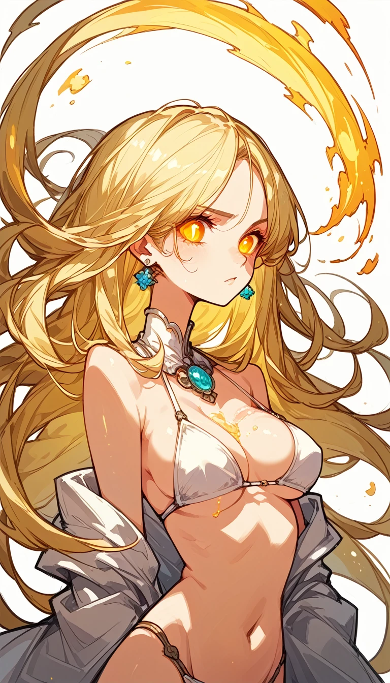 An oil-resin painting, gently glowing, depicting a blonde character with long, curly hair wearing a white bikini. The style is fantasy, with vibrant and warm colors highlighting the scene. The background should be rich in details, complementing the vibrant aesthetic of the character and creating a magical and enchanting environment. The lighting should enhance the soft glow of the resin oil, adding a touch of elegance and depth to the artwork.