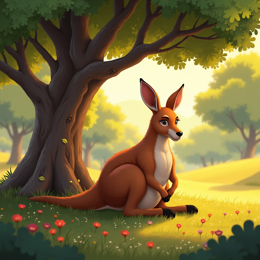 sunny day, kangaroo sit down and rest under a tree after tired of jumping