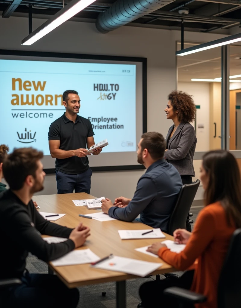 A professional and realistic image depicting full support and smooth adaptation for new employees at a fulfillment center. The scene features a welcoming onboarding session in a modern training room, where a group of new hires is being guided by an experienced HR representative or team leader. Visual elements include training materials, welcome packets, and supportive signage, such as 'Welcome' or 'New Employee Orientation.' The new employees are engaged in learning and receiving assistance, with some being paired with mentors for hands-on guidance. The overall atmosphere is warm and supportive, emphasizing the company’s commitment to ensuring a positive and well-supported transition for new staff members.