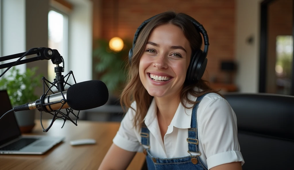 "a closeup, Realistic image of a beautiful young woman sitting at a table in a modern podcast room. She smiles warmly with a big, happy expression, showing his teeth and his perfect smile .. The room has professional sound equipment such as a microphone, headphones, and a computer on the table where it says Rne. The lighting is soft but bright, highlighting his cheerful attitude. The focus is on your face and upper body., capturing the energy and enthusiasm of the moment. He wears suspenders and the shirt says Alicante .
breasts, breasts, breasts, breasts,