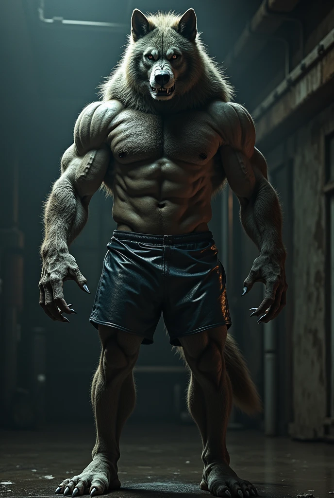 Werewolf in shiny high cut gym shorts with a pronounced crotch bulge