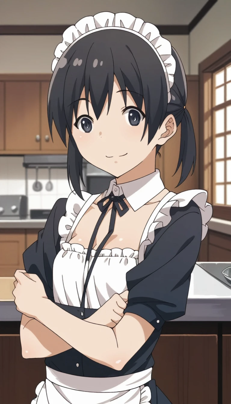 Score 9, Score 8 up, Score 7 up, The evaluation is questionable,
Detailed Background, Glowing Skin,kuramoto_chinatsu, black eyes, black hair, long hair, short twintails, maid uniform,cleavage between breasts,posing,,Small breasts,short of a person,whole body,thin,smiling,from front,daytime,kitchen,anime style,high quality,masterpiece,highly detailed