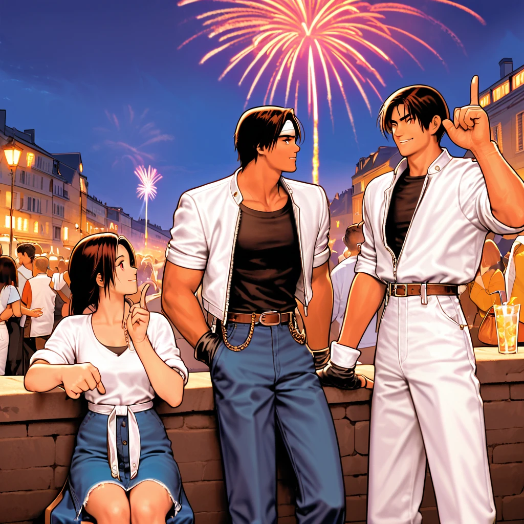 Orochiquillo, people watching, dark skin, couple, two people, man and woman, red eyes, ((white leather jacket with rolled up arms)), fingerless gloves, black hair, black t-shirt, ((white headband)), blue jeans, ((wallet chain at waist)) white shoes, brown belt, handsome, shot, attractive Masterpiece, high resolution, fine face, fine grain, people at night, blue sky, confident smile, with lover, Promenade des Anglais, eating on terrace, drinking cocktail in cocktail glass, bright fireworks, France, pointing to sky, watching fireworks, sitting cross-legged, looking happy, similar to peace sign Talking with gestures, outdoors, eating, (((( sincere fingers)))))