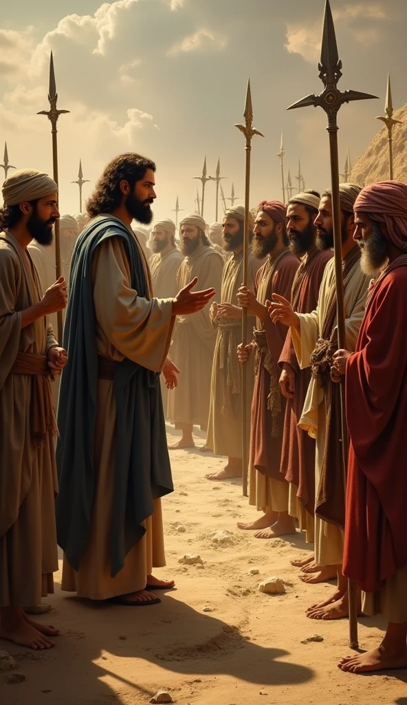The Consequence for the People Description: Moses orders the Levites to join him in punishing the guilty. Show the execution of the sentence and the severity of the punishment.
imagery: Levites getting ready, the punishment of idolaters.