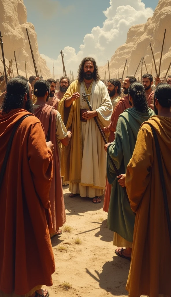 The Consequence for the People Description: Moses orders the Levites to join him in punishing the guilty. Show the execution of the sentence and the severity of the punishment.
imagery: Levites getting ready, the punishment of idolaters.