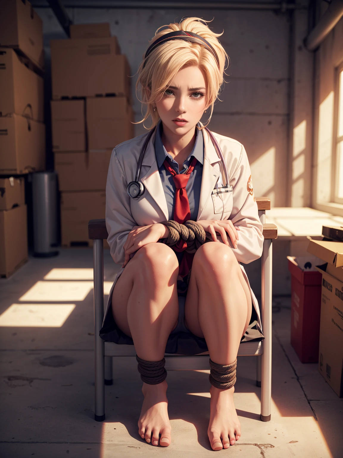 Beautiful,woman, Mercy from overwatch, blonde wet hair, hairband, dewy complexion, long eyelashes,soft-petalled lips,(beautiful detailed lips:1.1),(medium breasts:0.9),youthful appearance, blonde locks cascading down, seductive sexy pose,(empty warehouse background:1.1),soft sunlight, pastel color palette,(best quality:1.2),(highres:1.1),(realistic:1.37),(physically-based rendering:1.1),(vivid colors:1.1),(soft lighting:1.1), full body, (((visible feet))), (((wearing a doctor coat))), black skirt, pink blouse, heels. panties. sweaty, blushed, (((sitting on chair))), (((tied hands with ropes))), (((arms behind back))), tied to a chair, (((panic face))), (((frightened))), (((struggling))), front view, small panties