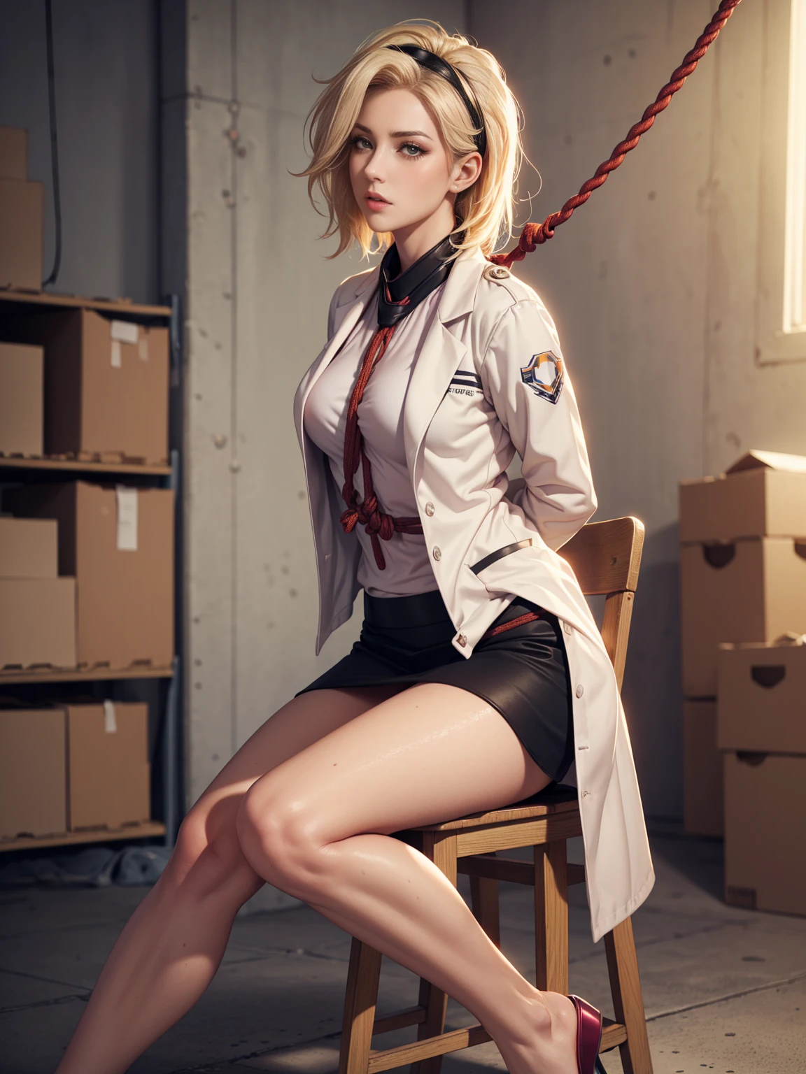 Beautiful,woman, Mercy from overwatch, blonde wet hair, hairband, dewy complexion, long eyelashes,soft-petalled lips,(beautiful detailed lips:1.1),(medium breasts:0.9),youthful appearance, blonde locks cascading down, seductive sexy pose,(empty warehouse background:1.1),soft sunlight, pastel color palette,(best quality:1.2),(highres:1.1),(realistic:1.37),(physically-based rendering:1.1),(vivid colors:1.1),(soft lighting:1.1), full body, (((visible feet))), (((wearing a doctor coat))), black skirt, pink blouse, heels. panties. sweaty, blushed, (((sitting on chair))), (((tied hands with ropes))), (((arms behind back))), tied to a chair, (((panic face))), (((frightened))), (((struggling))), front view, small panties