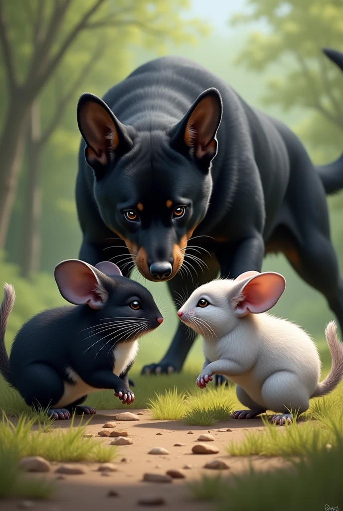 A black chinchilla with a white chest and another grey chinchilla fighting with a black Labrador