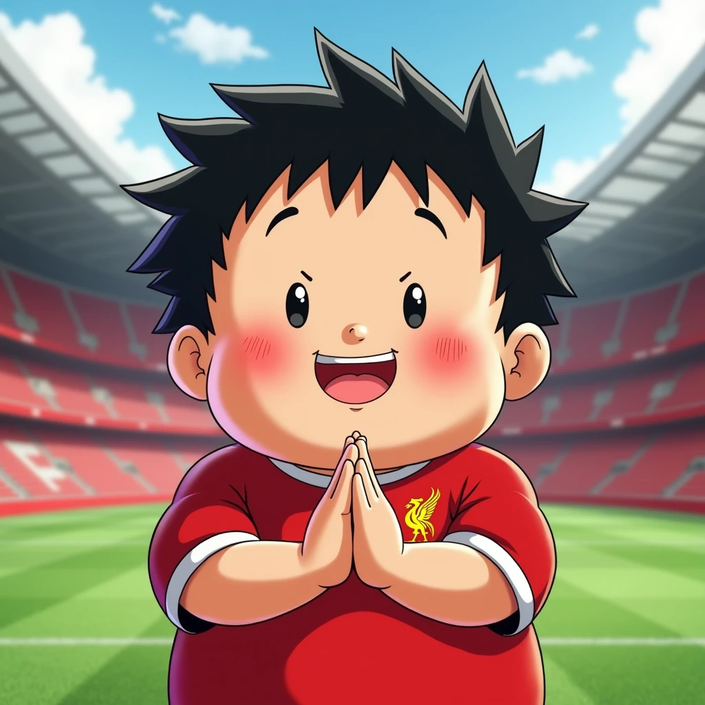 Cute chubby boy smiles in Toriyama Akira style, bows like a Thai and wears a Liverpool shirt, standing in a cartoon style. High-quality dynamic photos, detailed and colorful. Realistic and colorful poses, the background is Andfield Stadium.