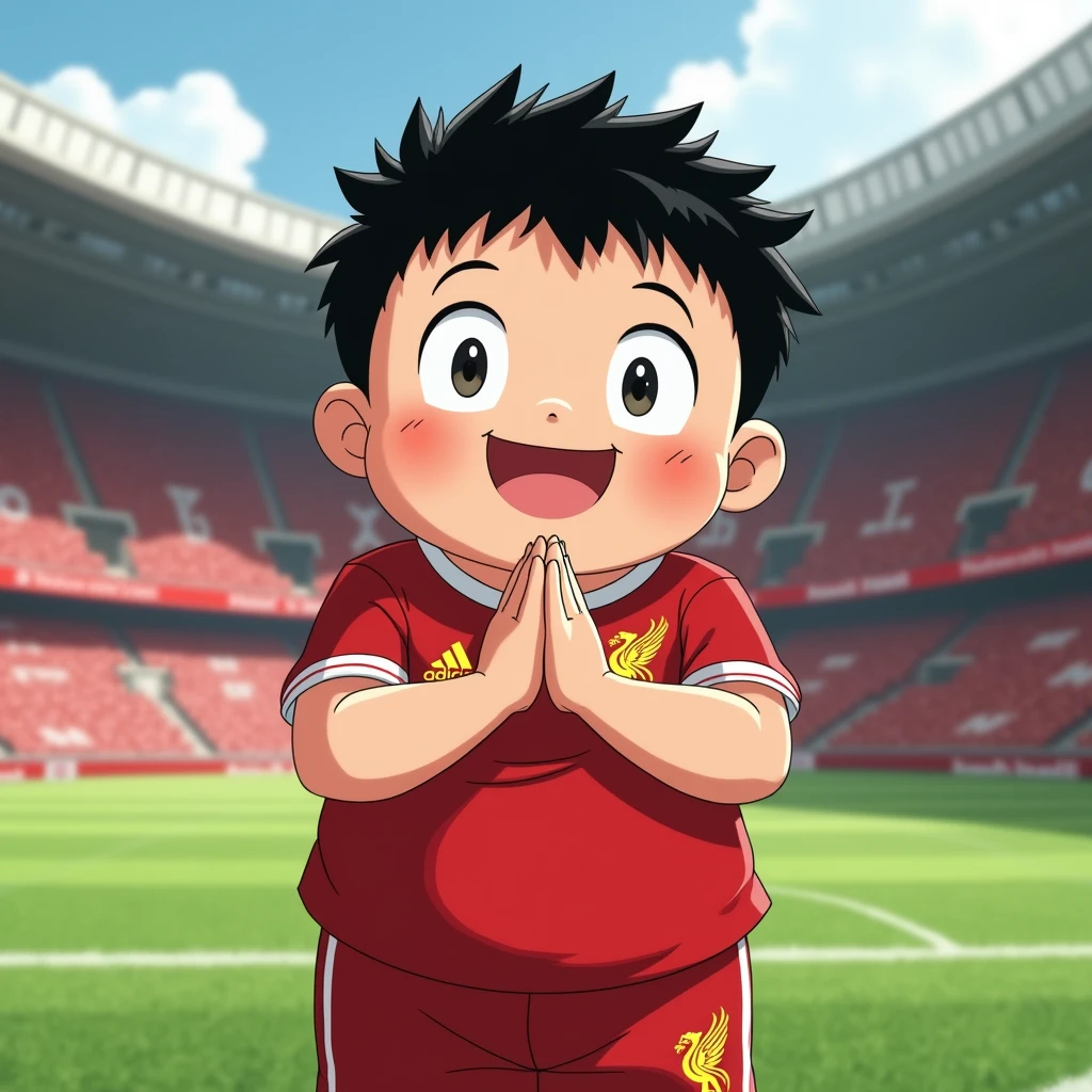 Cute chubby boy smiles in Toriyama Akira style, bows like a Thai and wears a Liverpool shirt, standing in a cartoon style. High-quality dynamic photos, detailed and colorful. Realistic and colorful poses, the background is Andfield Stadium.