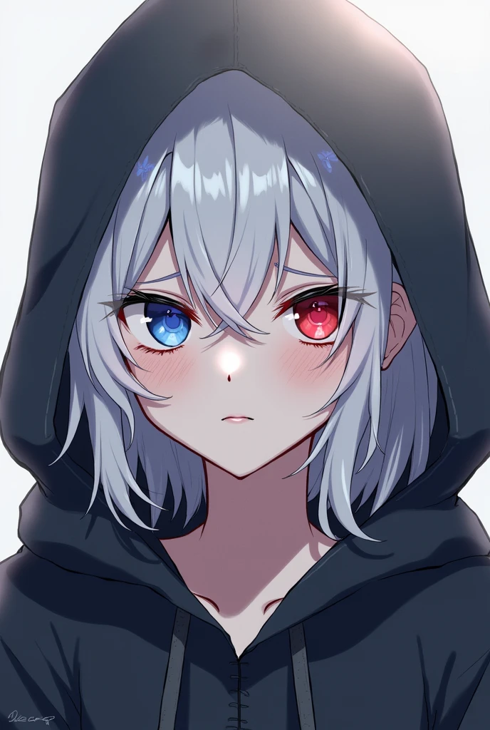 High resolution, Shortcuts, Silver Hair, Odd Eye, Simple Background,  Anime Style, blue eyes, Red eyes, Hood worn, Are crying, 