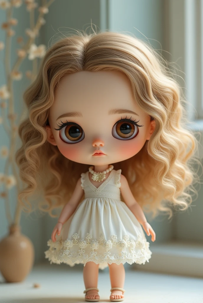 doll blythe, medium short curly hair, blond dark, rounded slanted brown eyes, small round straight nose, black eyebrow 