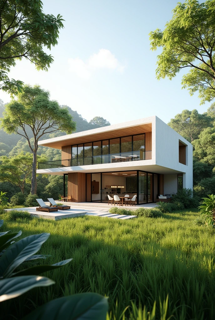 a modern house in rural Vietnam with white facade and large windows, modern style, vray, panasonic lumix s pro 50mm f/1.4, wood frame texture, inspired by nature, daylight, summer, dark gray, vibrant, vivid, beautiful landscape, DSLR