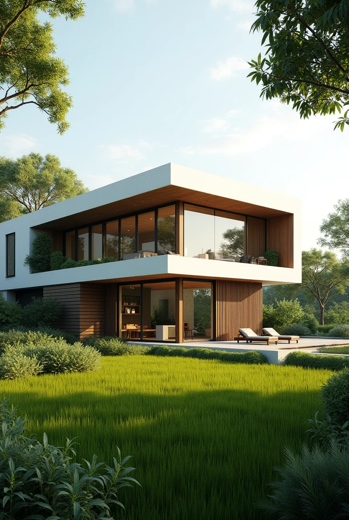 a modern house in rural Vietnam with white facade and large windows, modern style, vray, panasonic lumix s pro 50mm f/1.4, wood frame texture, inspired by nature, daylight, summer, dark gray, vibrant, vivid, beautiful landscape, DSLR