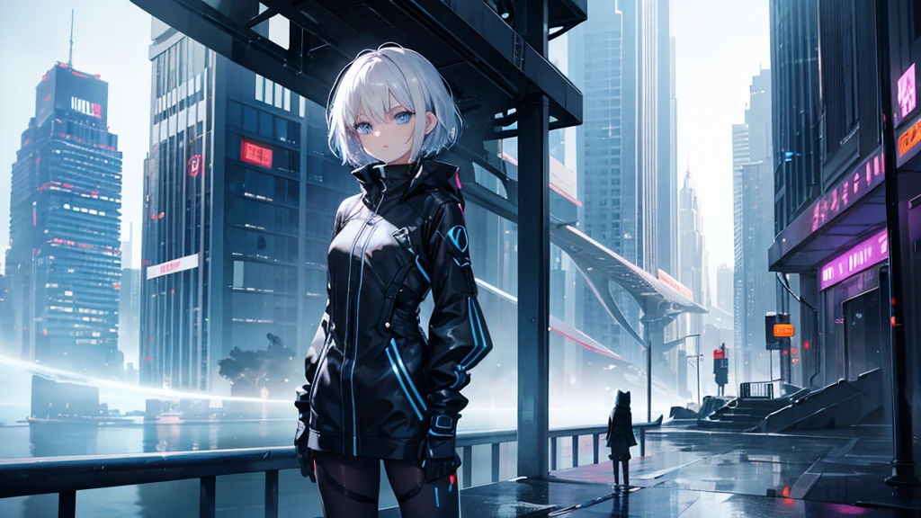 A girl living in a futuristic city,She has short silver hair and cold blue eyes..The girl is wearing futuristic clothing.There is a black cat at the girl's feet..The black cat is watching over the girl.The girl looks as if she has made up her mind about something..