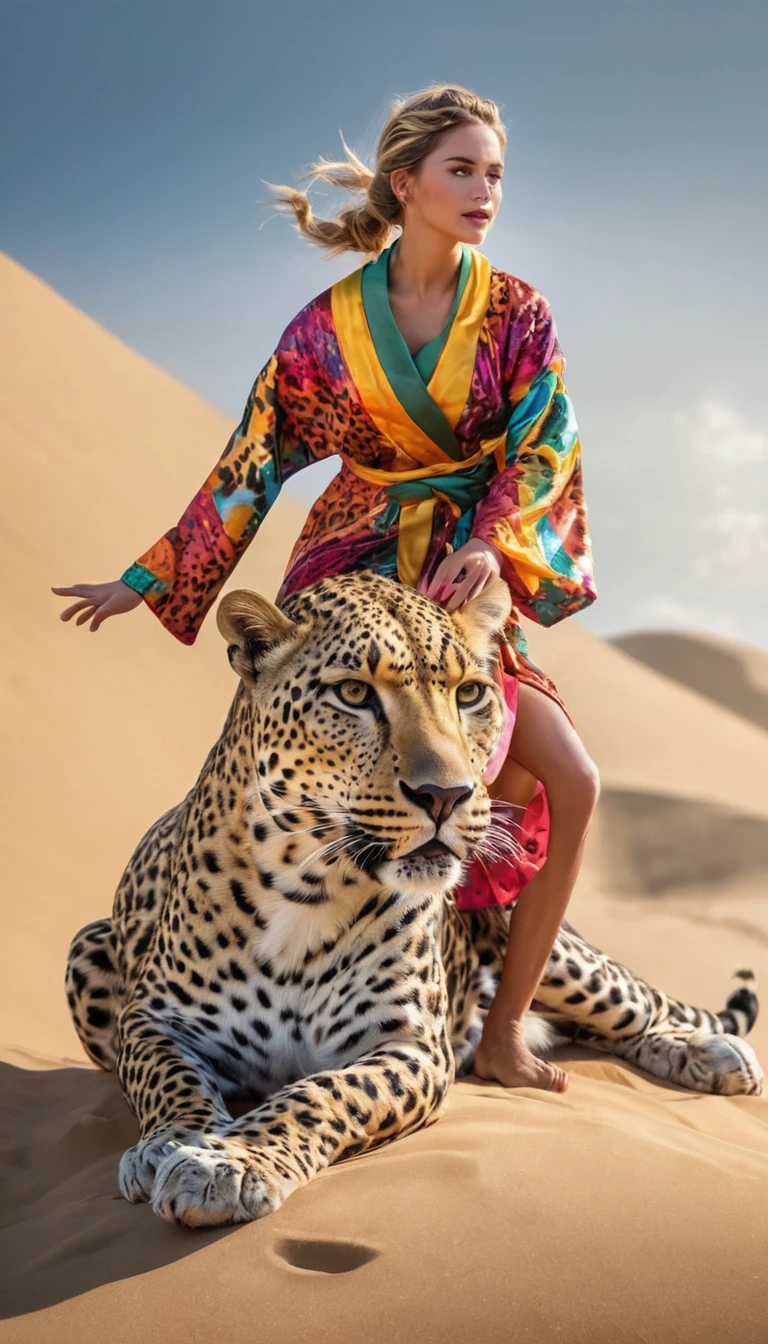 Sand sculpture style,  Ultra-sharp details，Spectacular views，A huge crystal leopard ran towards，Beautiful girl riding on his back，Wearing colorful robes，heroic，The leopard&#39;s eyes glow a mysterious blue，The background is set under the deep starry sky，Surrounded by ancient ruins，Moonlight pours down，The beauty&#39;s face is calm and brave。