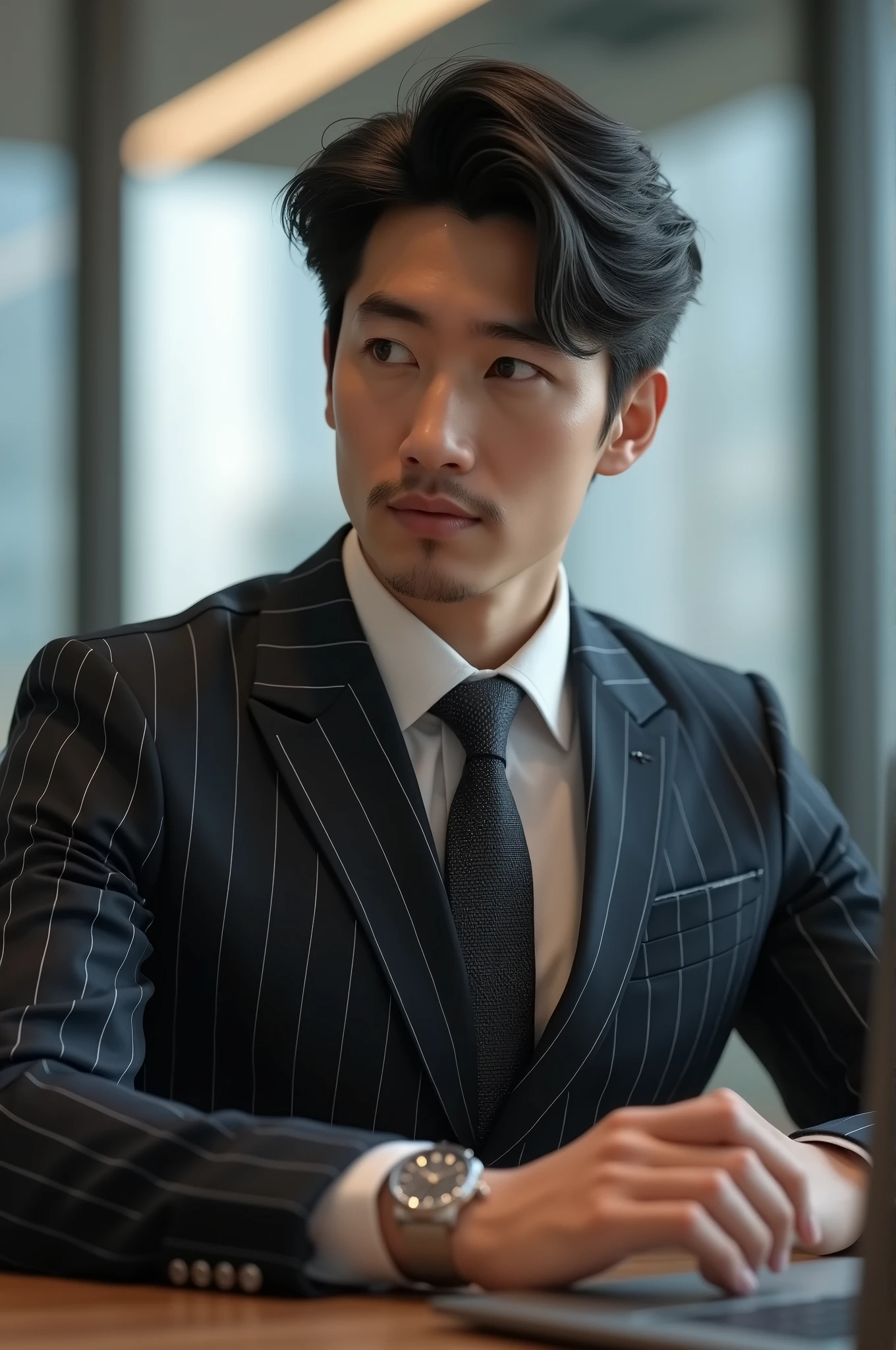 A handsome new employee，30-year-old Japanese male, Merchant attire,Wearing a very high-end striped suit, The scene is in the office, He is sitting in front of his laptop, (CG Unity 8K HIGH-definition photo), (Photo-realistic), ((best quality)), Very detailed, (masterpiece), , very beautiful hair, Bright photos,As handsome as an idol and as handsome as a model, Wearing a luxury watch,