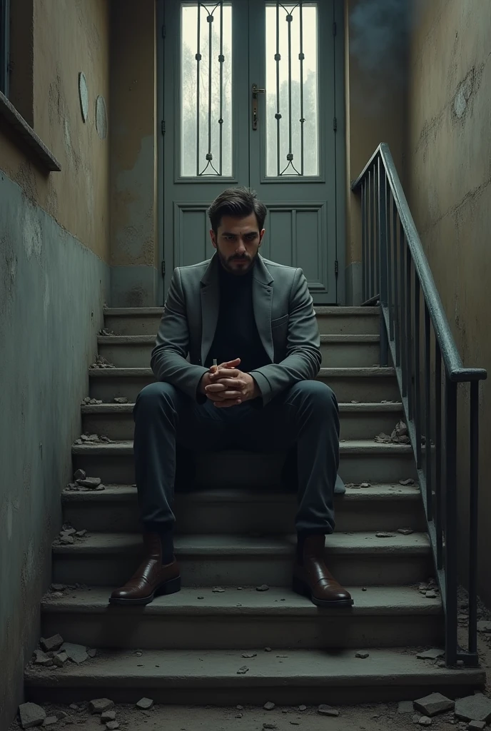 In a building Infront of an apartments gate It was a dilapidated apartment building in turkey . He was sitting on the top staircase, dressed in a long gray coat, relaxed. One boot was placed on the lower step and the other on the step below that. With his back against the wall and a burning cigar between his fingers, he was a very fair, handsome 30-year-old Turkish man