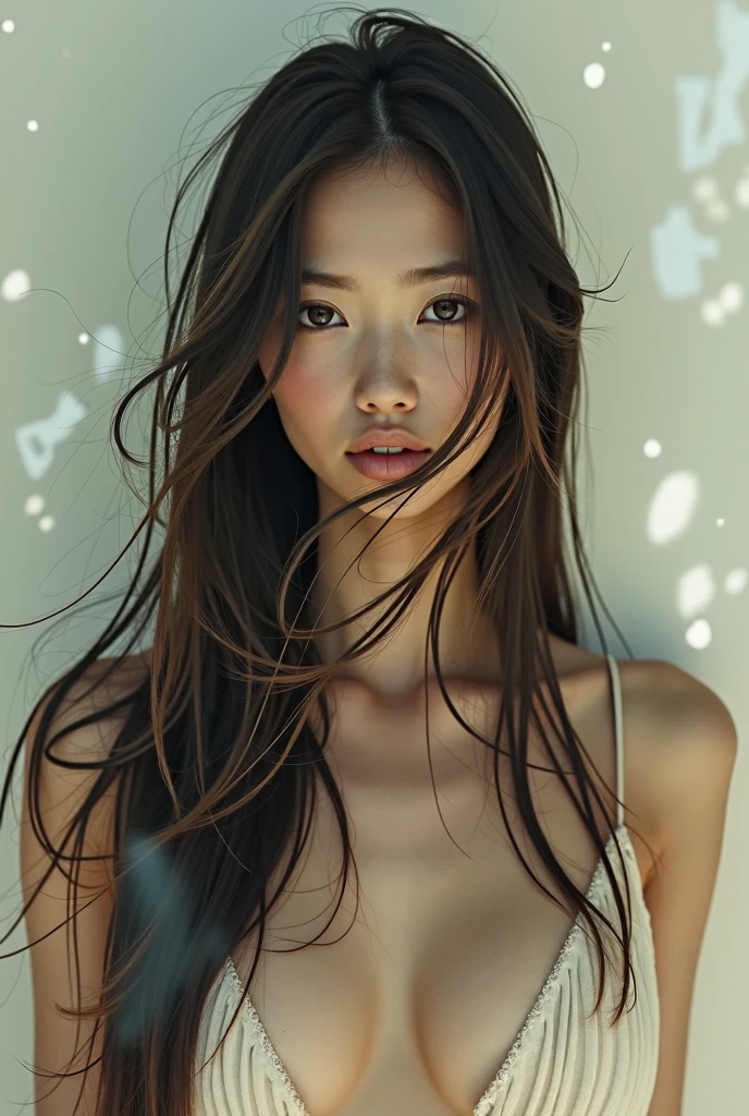 Editorial photography,Super detailed background,super realistic,double exposure,depth of field,beauty super slim skinny fluids,soft focus tone,Narrative scene,acrylic paint,,full body shot,from below,Wabi-sabi,very long straight brunette hair, portrait facing the camera close up