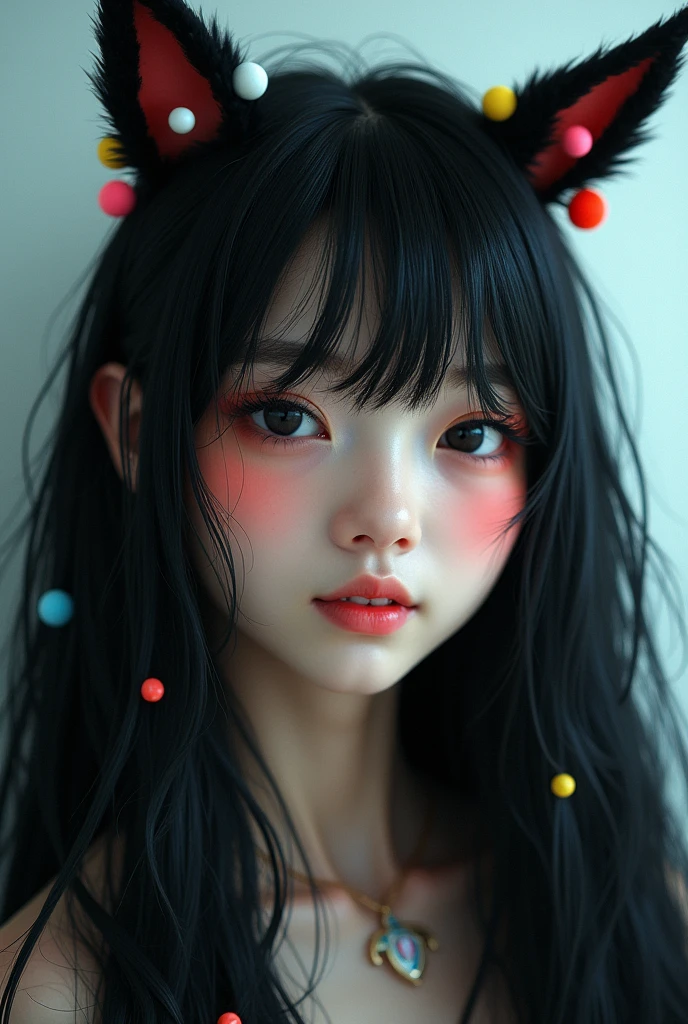 black hair, hair bobbles, wince, longeyelashes, solid circle eyes, fake animal ears, light smile, ear blush, fang, ccurate, Surrealism, drop shadow, anaglyph, stereogram, tachi-e, pov, atmospheric perspective, 8k, super detail, best quality