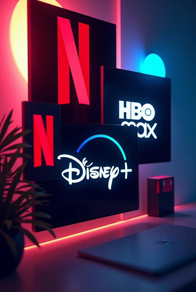 Create an image where the logos of streaming applications such as Netflix Amazon Prime appear, Disney+ and max