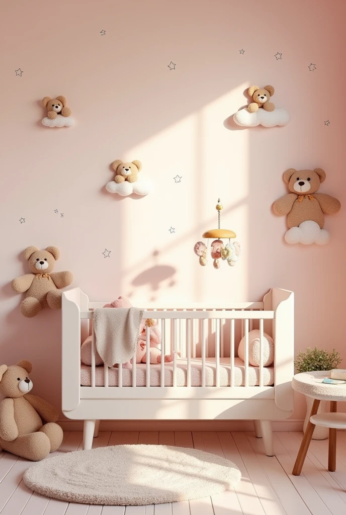 Now Cecília&#39;s little room, we wanted something delicate and cozy. We chose the teddy bear theme, with light pink walls, decorated with stickers of teddy bears playing among clouds and stars. The white crib had rounded and padded details, and the mobile above the crib had little teddy bears hanging from it, that played a soft melody. No canto, we put a comfortable nursing chair for Marina, with a small table next to it for night feeds.