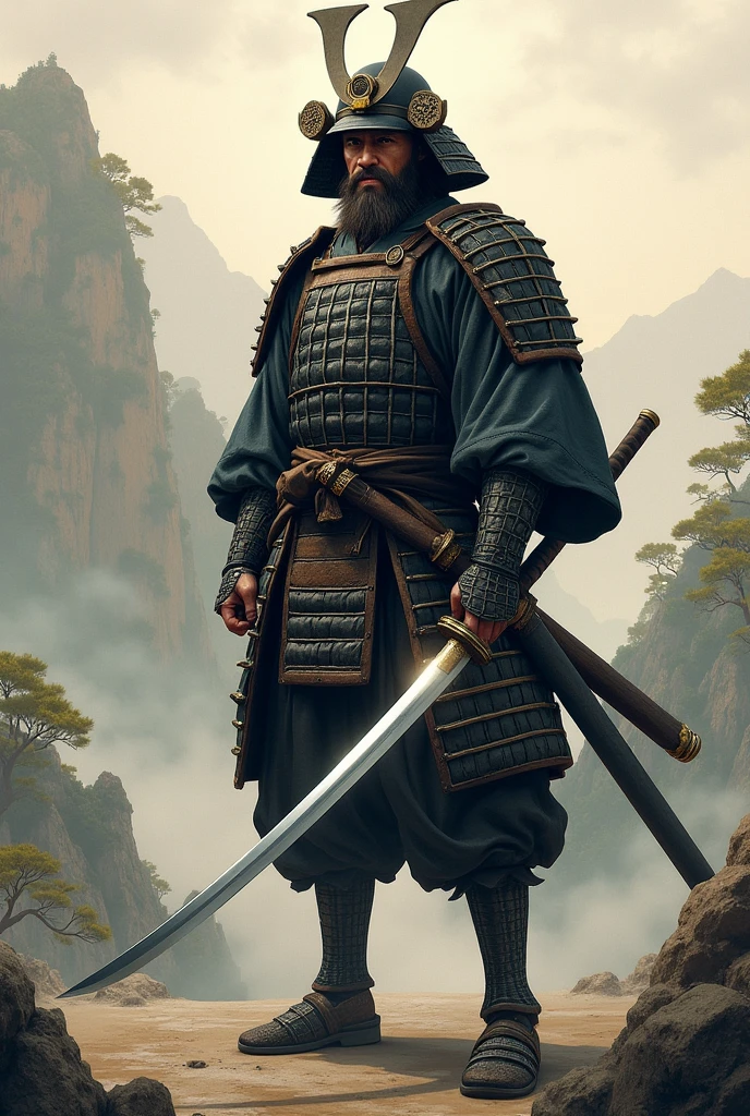 A man with a long katana wearing samurai costumes