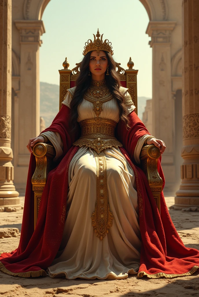 An authentic Iranian queen with a big throne and her gold and jewels rules in Persepolis, which is a little ruined snd she has a number of crews